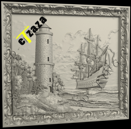 3D X STL 3D Model Panel Relief Ship & Lighthouse for CNC Router Aspire Artcam 3D Printer Engraver 3D Design Instant Download Digital Product